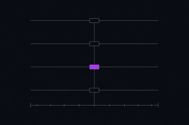 A flat schematic of four horizontal rules stacked with wide spacing, a small outlined rectangle sitting on each, joined by one vertical hairline spine, the third rectangle filled violet.