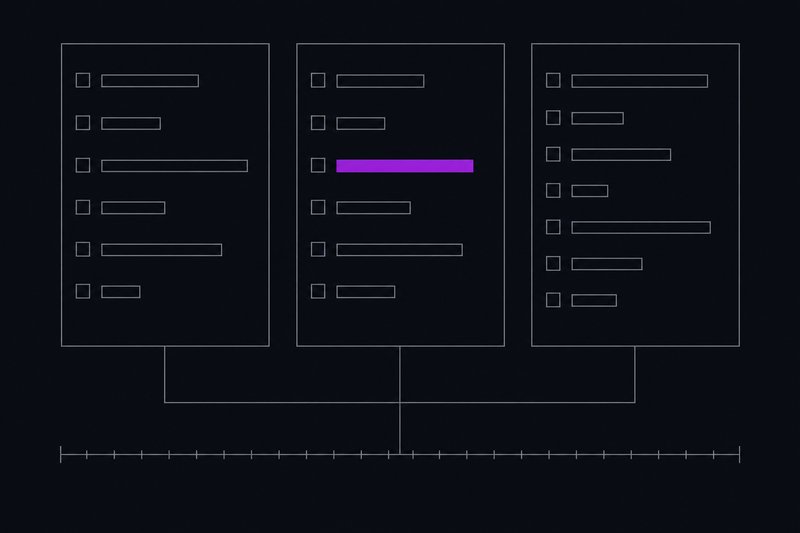 A flat schematic of three tall outlined panels, each holding a short list of outlined bars with square markers like archived threads, one bar in the middle panel filled violet.