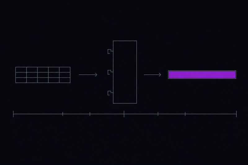 A flat schematic of an idea hardening in three stages: a small outlined table grid, then a rectangle with hooks, then a single long violet bar, with arrows between them over a tick ruler.