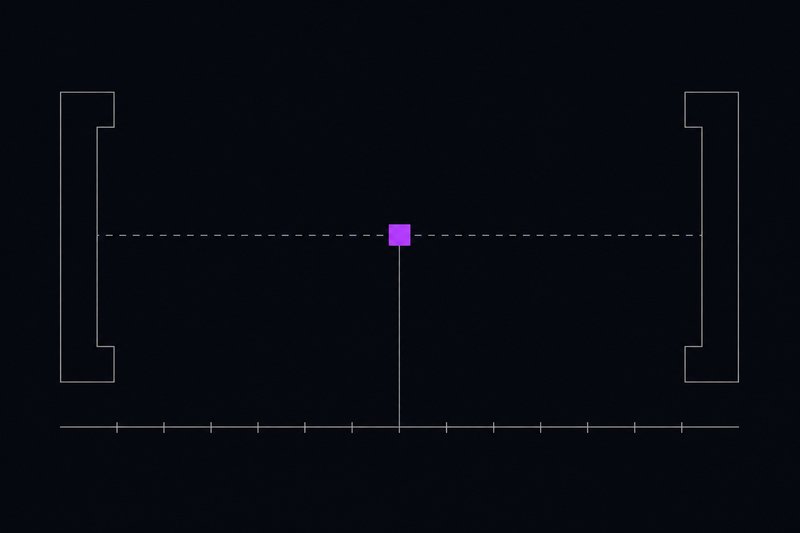 A flat schematic of a value in transit: two tall outlined brackets at far left and right, a small violet square midway between them on a dashed trajectory, above a tick ruler.