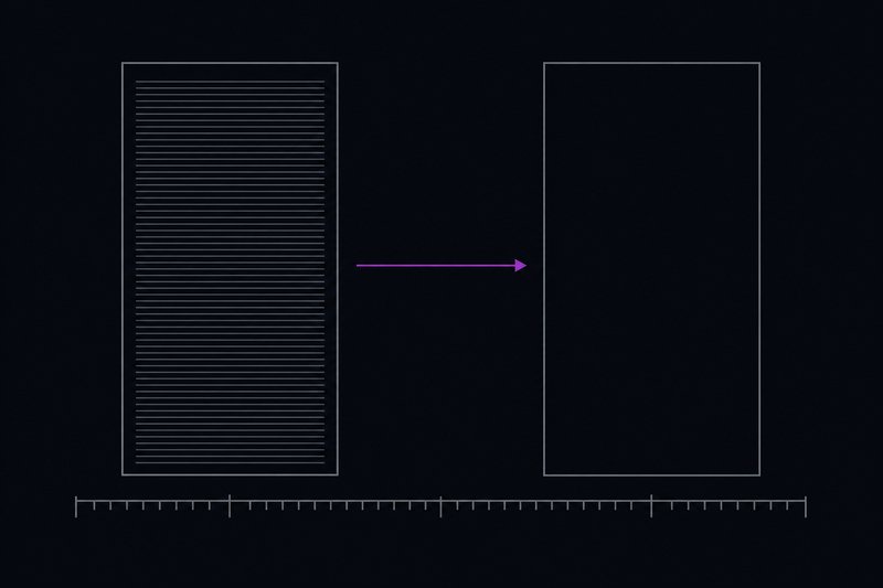 A flat schematic: a tall outlined container on the left densely filled with thin horizontal grey lines beside an identically sized empty container on the right, one violet arrow crossing the gap, both standing on a ticked baseline.
