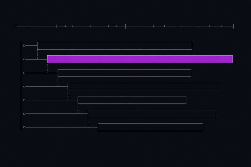 A flat schematic of seven horizontal outlined bars stacked as a waterfall at staggered offsets, the second bar filled violet, beneath a thin tick ruler.